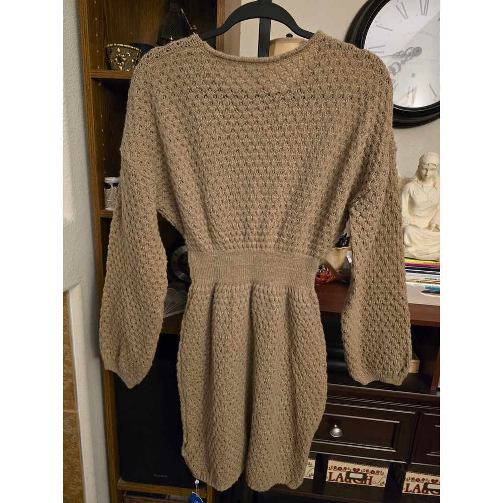 Cupshe Brown Pointelle Knit Sweater Dress Long Sleeve Cinched Waist Mini Small - Picture 4 of 5
